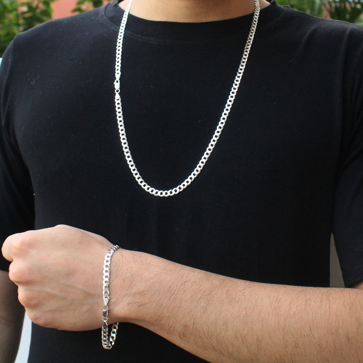 Conjunto Corrente E Pulseira 5mm Modelo Grumet Escama De Prata 925 Original