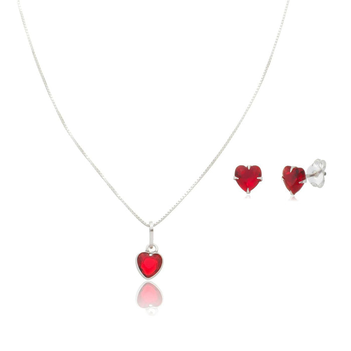 Conjunto Corrente Brinco Coração Vermelho Prata 925