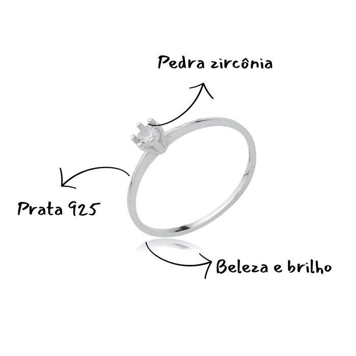 Anel Solitário De Prata 925 Pedra Zircônia 4Mm Feminino Delicado