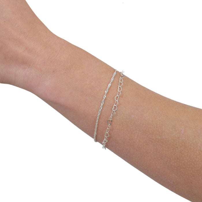 Kit De 2 Pulseiras Femininas Prata Legítima Coração Singapura