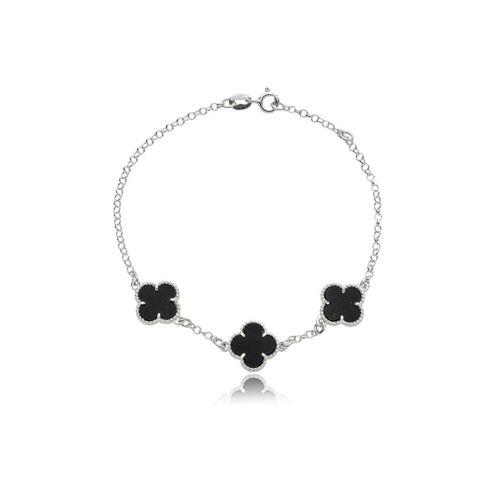 Pulseira 3 Trevos Em Prata 925 Legítima Folha Preta