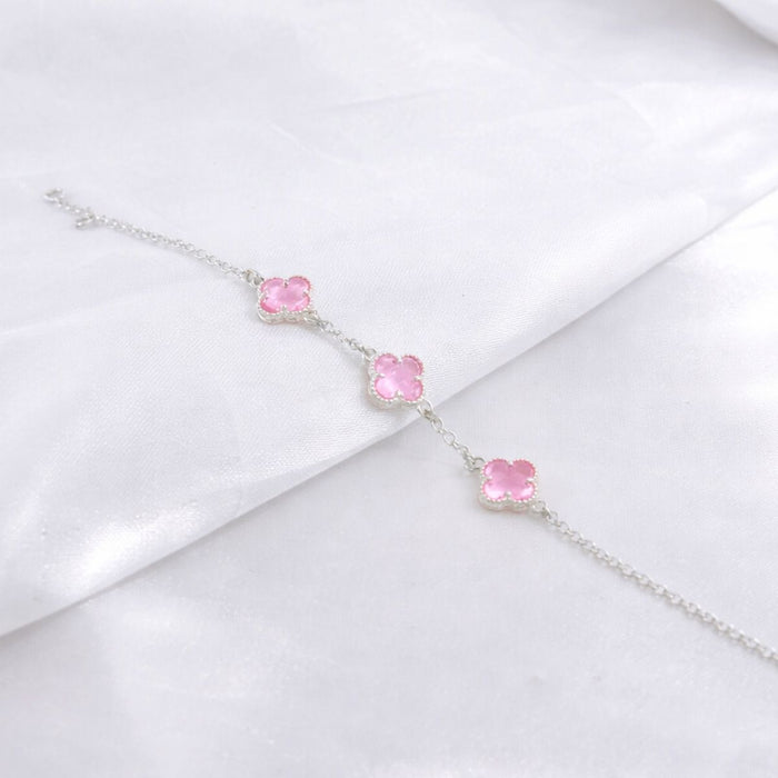 Pulseira Trevos Rosa 3 Folhas Em Prata 925