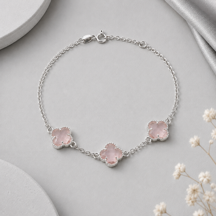 Pulseira Trevos Rosa 3 Folhas Em Prata 925