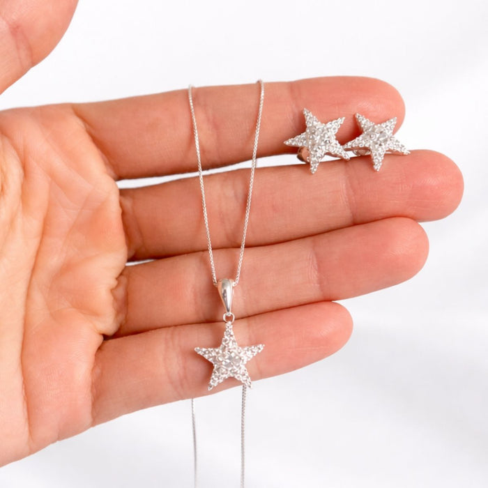 Conjunto Colar Veneziana 45cm E Brincos Estrela Prata 925