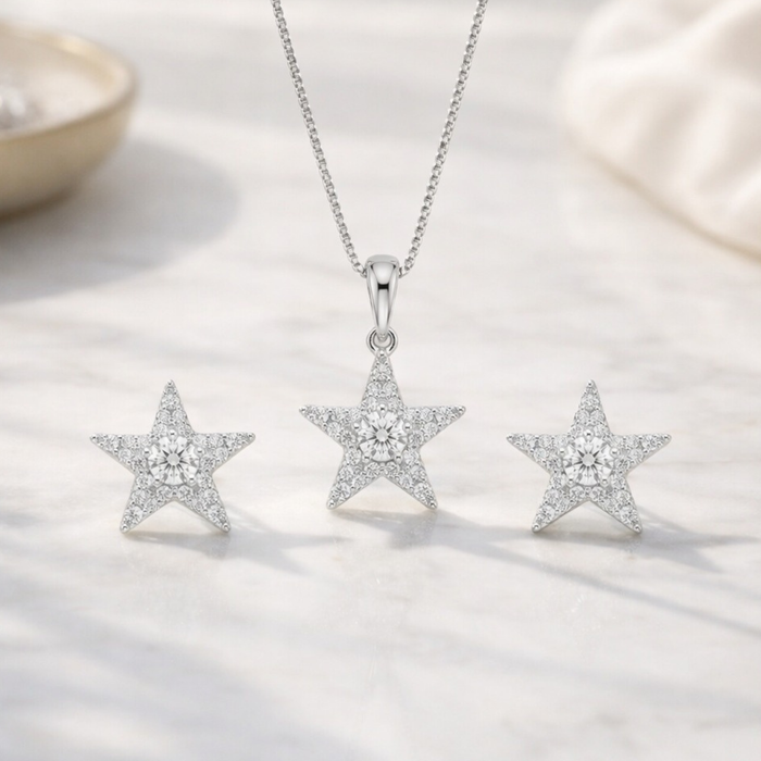 Conjunto Colar Veneziana 45cm E Brincos Estrela Prata 925