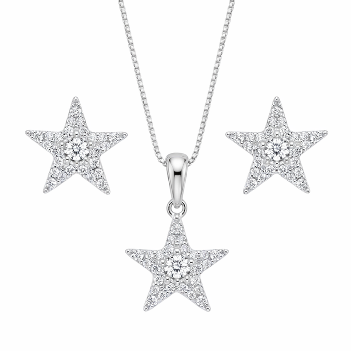 Conjunto Colar Veneziana 45cm E Brincos Estrela Prata 925