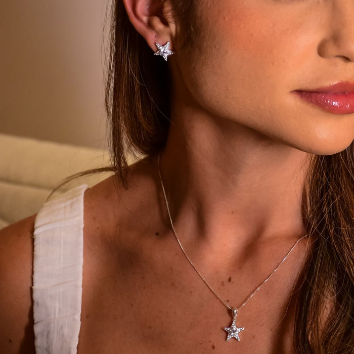 Conjunto Colar Veneziana 45cm E Brincos Estrela Prata 925