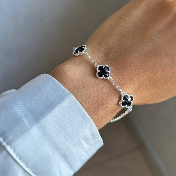 Pulseira 3 Trevos Em Prata 925 Legítima Folha Preta