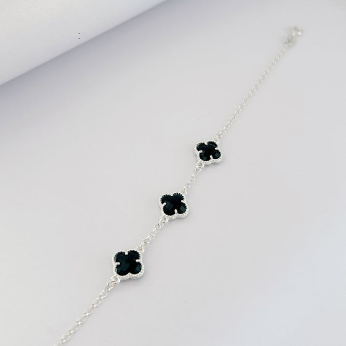 Pulseira 3 Trevos Em Prata 925 Legítima Folha Preta