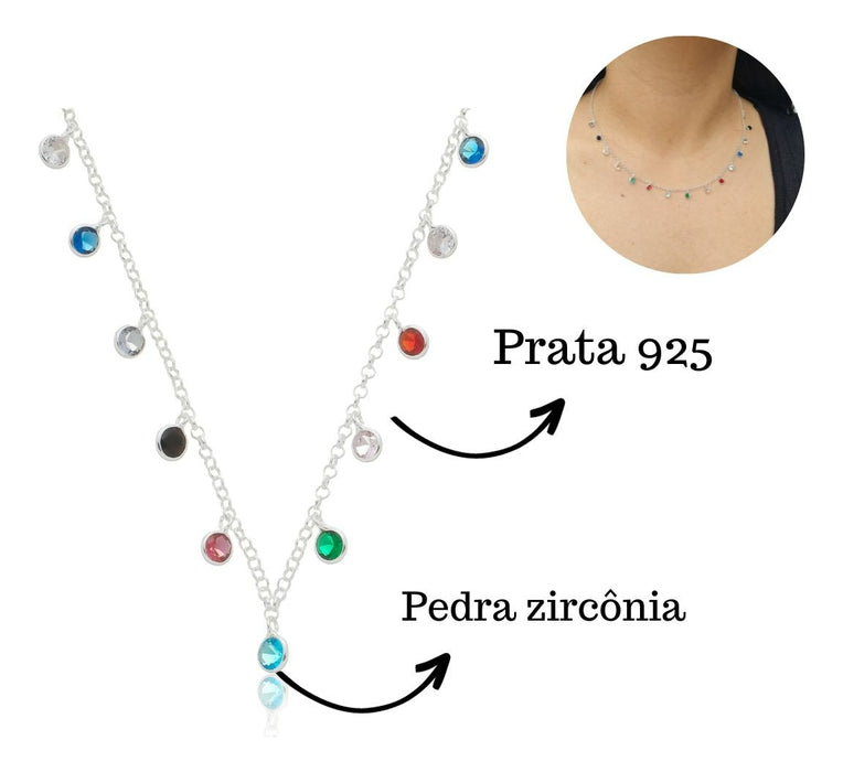 Colar Chocker Zircônias Coloridas Prata 925