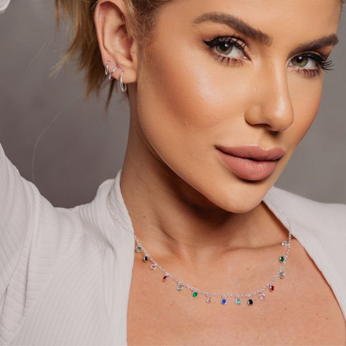 Colar Chocker Zircônias Coloridas Prata 925