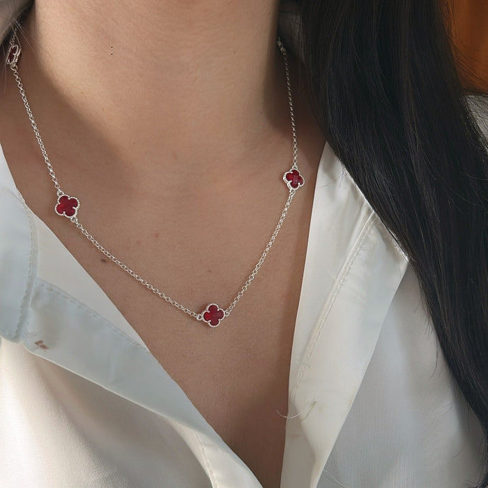 Colar Corrente De Trevo Vermelho Em Prata 925 Legítima 45cm