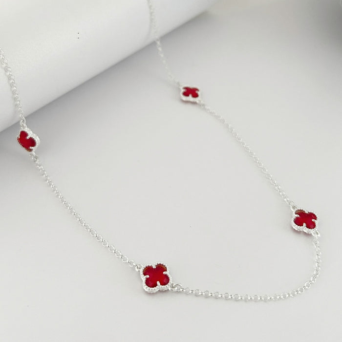 Colar Corrente De Trevo Vermelho Em Prata 925 Legítima 45cm