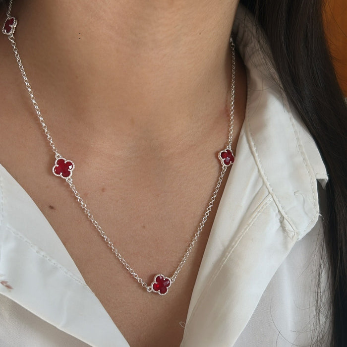 Colar Corrente De Trevo Vermelho Em Prata 925 Legítima 45cm