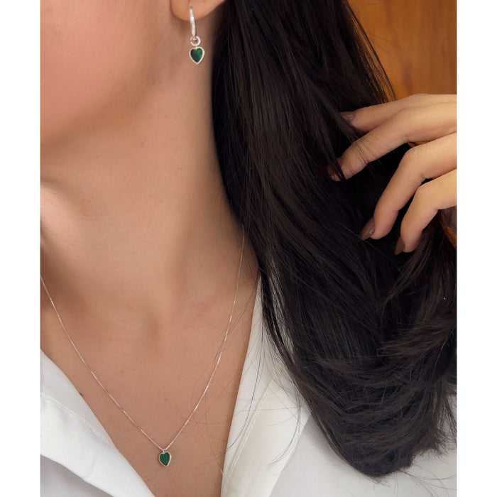 Conjunto Colar E Brincos Ponto De Luz 45cm Coração Em Prata 925