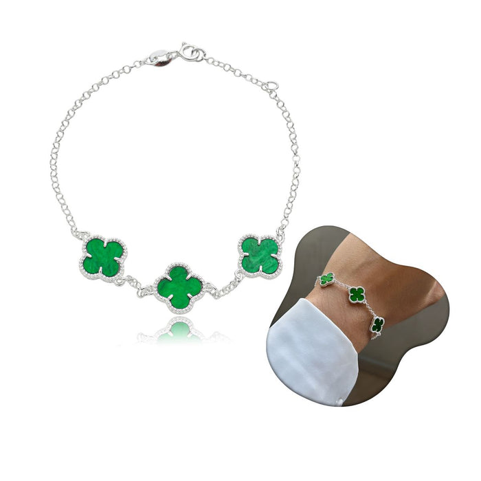 Linda Pulseira De Prata 3 Trevos Verde Feminina e Masculina