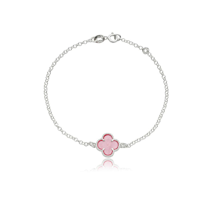 Pulseira Trevo Rosa Resina Em Prata 925 Legítima 18cm
