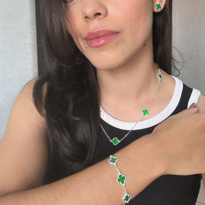 Conjunto De Trevo Colar 45cm Folhas Verde Prata 925