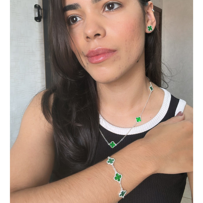 Conjunto De Trevo Colar 45cm Folhas Verde Prata 925