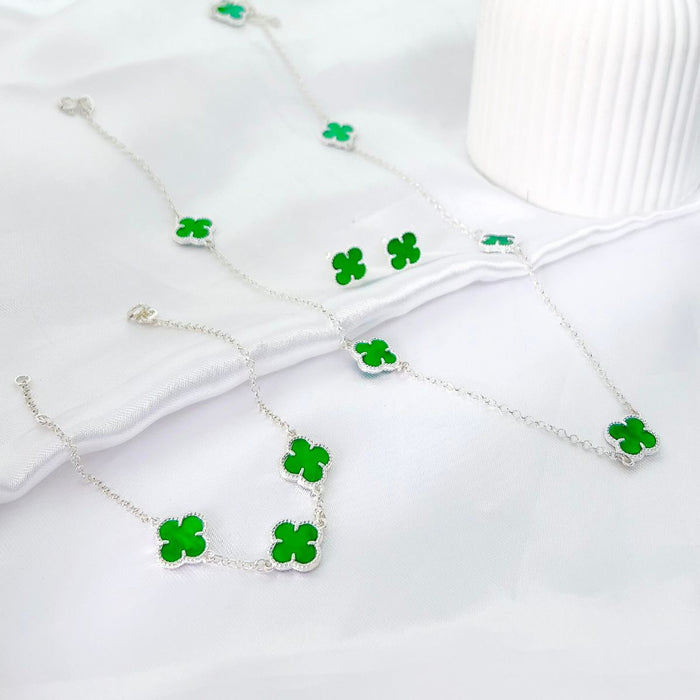 Conjunto De Trevo Colar 45cm Folhas Verde Prata 925