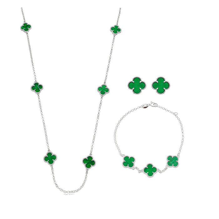 Conjunto De Trevo Colar 45cm Folhas Verde Prata 925