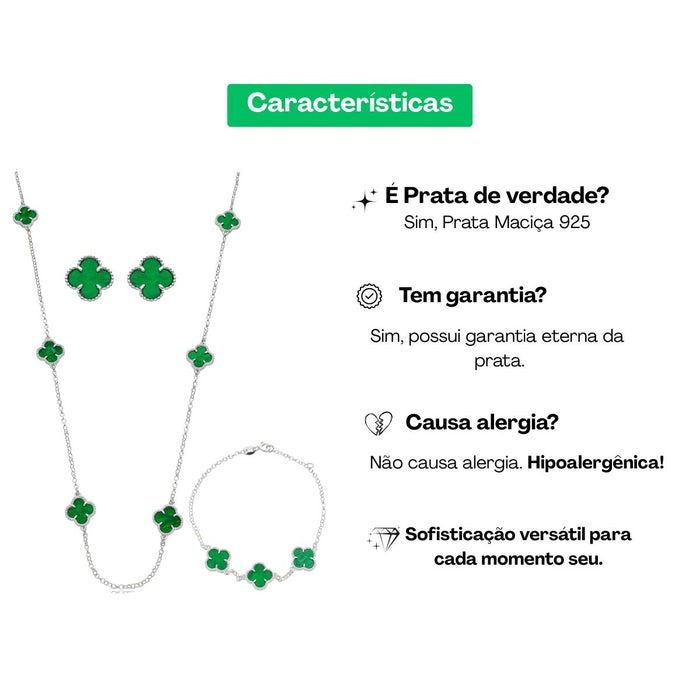 Conjunto De Trevo Colar 45cm Folhas Verde Prata 925