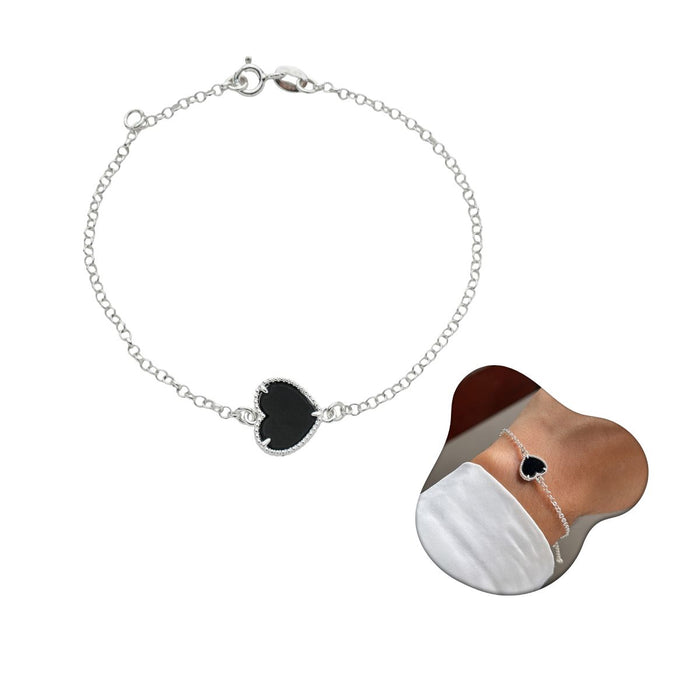 Pulseira Coração Preta Prata 925 Legítima 18cm