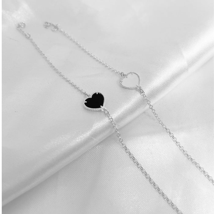 Pulseira Coração Preta Prata 925 Legítima 18cm