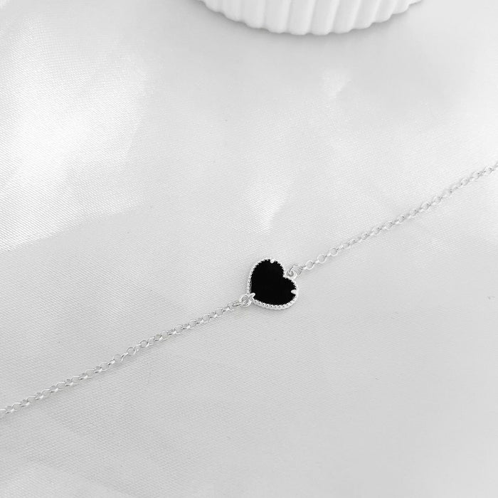 Pulseira Coração Preta Prata 925 Legítima 18cm