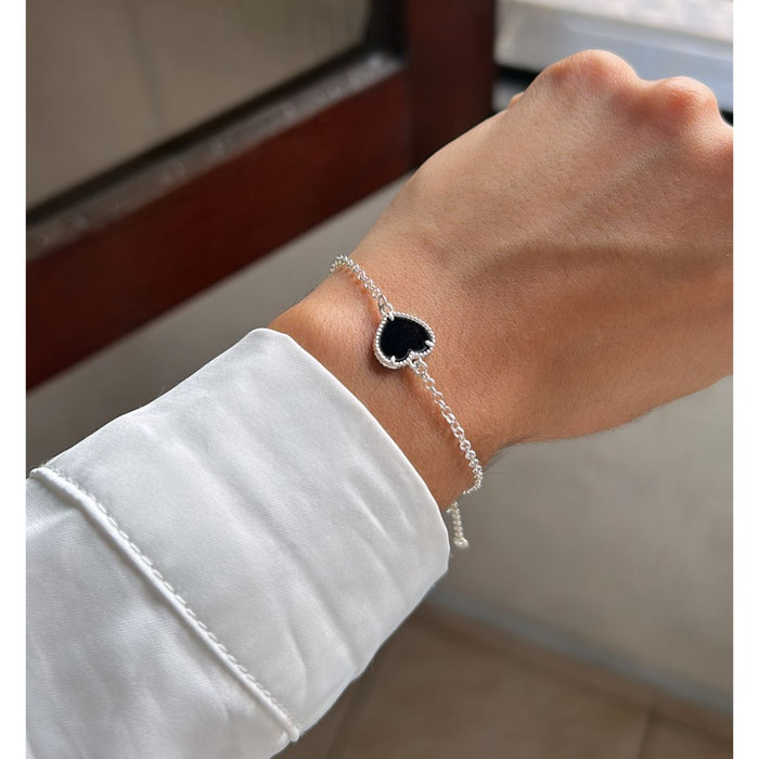 Pulseira Coração Preta Prata 925 Legítima 18cm
