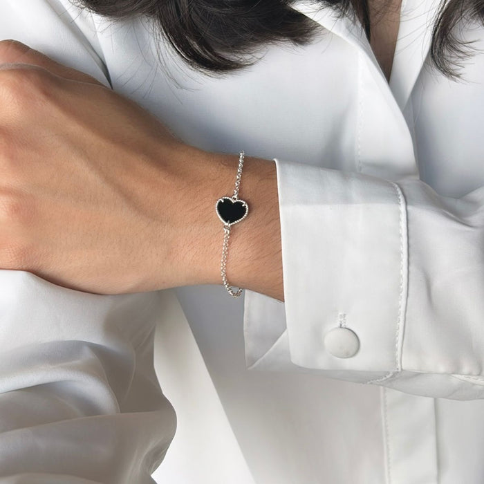 Pulseira Coração Preta Prata 925 Legítima 18cm
