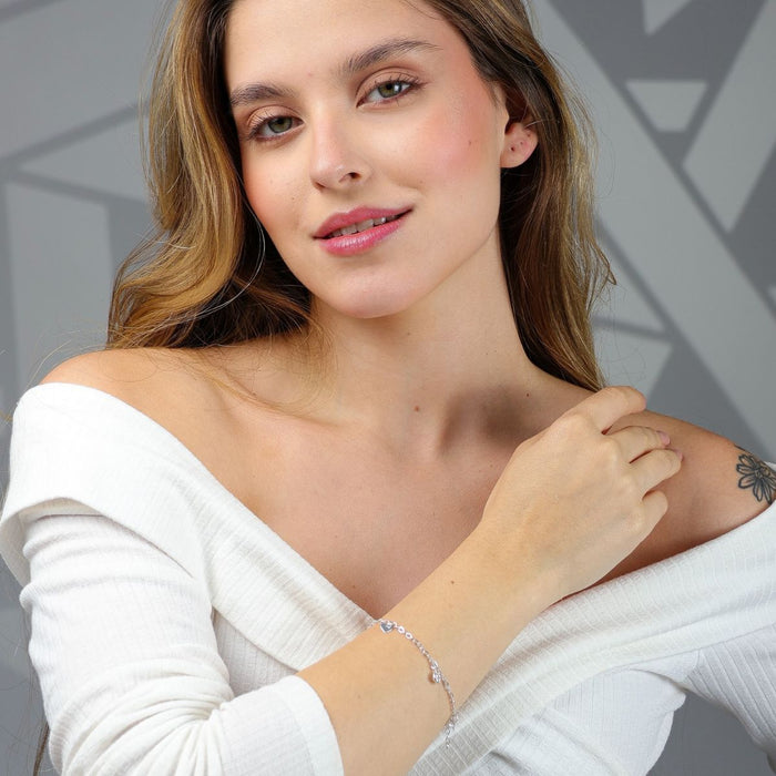 Pulseira Feminina Prata Legítima Zircônias E Corações Charme
