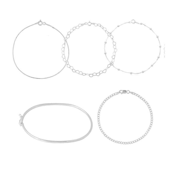Kit 5 Pulseiras Bolinha Femininas Em Prata 925 Coração Fina