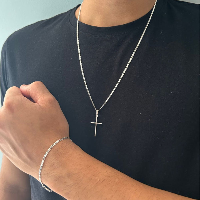 Conjunto Corrente Prata 925 Piastrine + Pulseira E Pingente Cruz