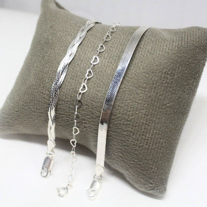 Conjunto De 3 Pulseiras Laminada Coração E 3 Fios Em Prata 925