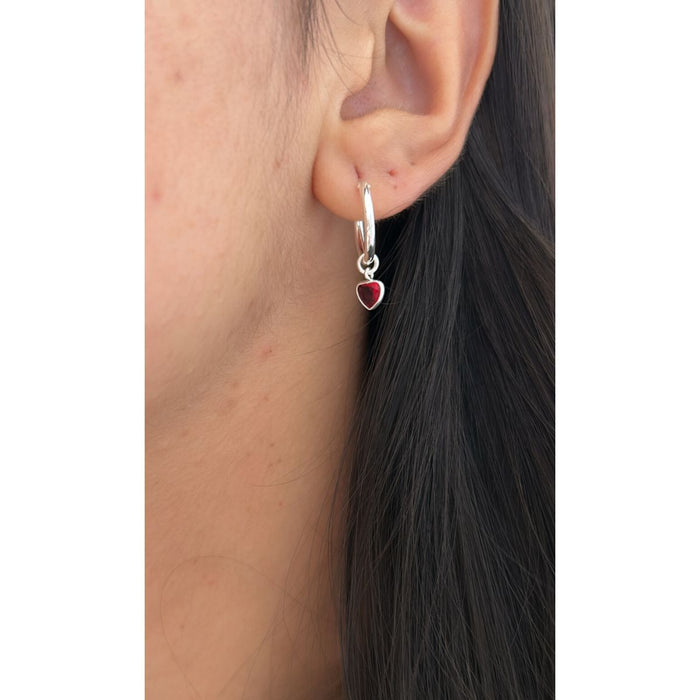 Brinco Argola 14mm Com Pingente Coração Vermelho Feminino Prata 925