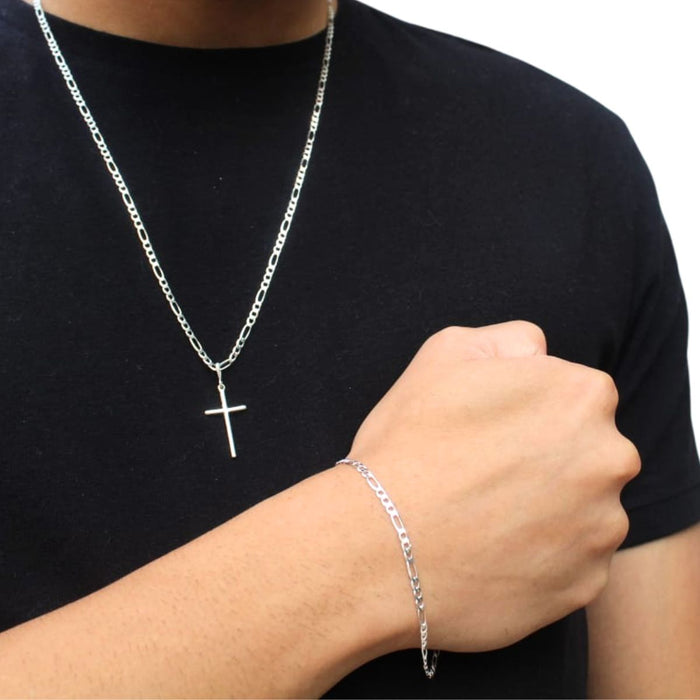 Conjunto Corrente E Pulseira Prata Italiana 925 Modelo 3x1 60cm + Crucifixo