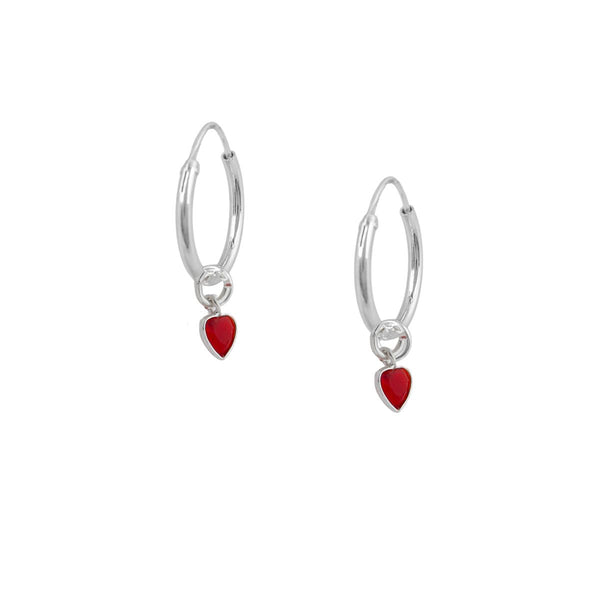 Brinco Argola 14mm Com Pingente Coração Vermelho Feminino Prata 925