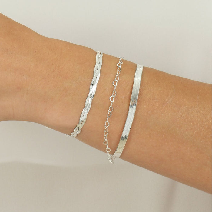 Conjunto De 3 Pulseiras Laminada Coração E 3 Fios Em Prata 925