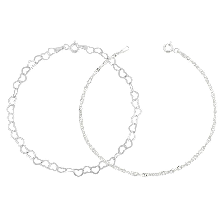 Kit De 2 Pulseiras Femininas Prata Legítima Coração Singapura