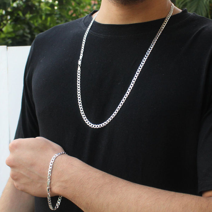 Conjunto Corrente 70cm 4mm E Pulseira Prata 925 Legítima Masculina