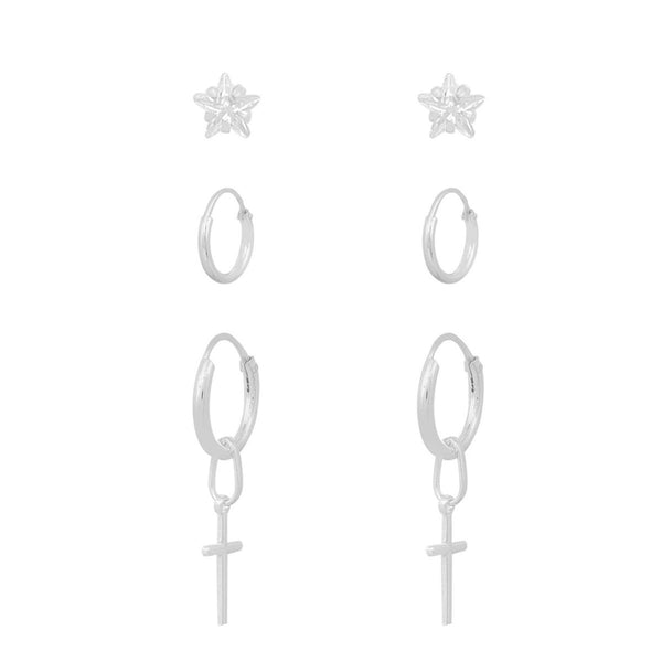 3 Pares De Brincos Argola Cruz Estrela Prata