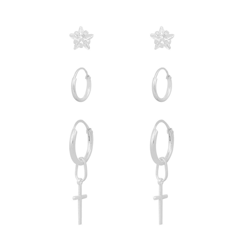 3 Pares De Brincos Argola Cruz Estrela Prata