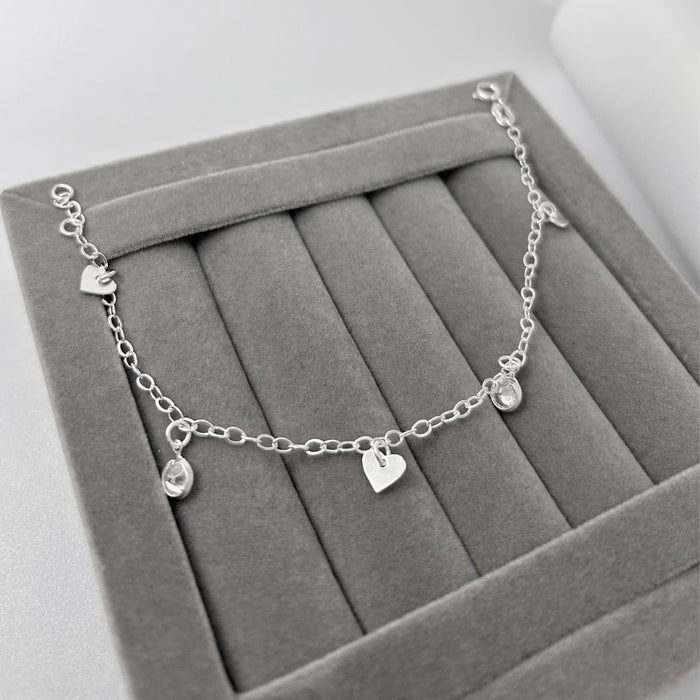 Pulseira Feminina Prata Legítima Zircônias E Corações Charme