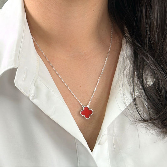 Colar Feminino Trevo Vermelho Prata 925