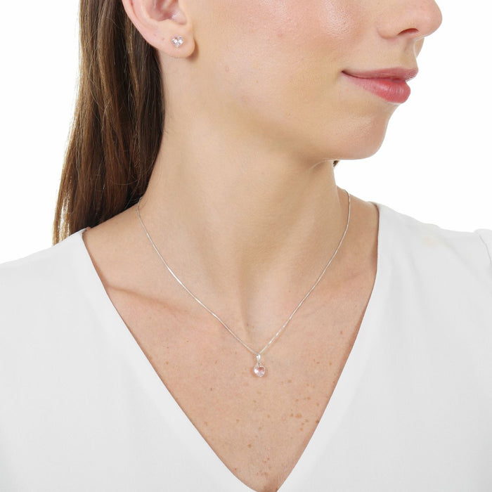 Conjunto De Corrente Brinco Pingente Ponto De Luz Coração Prata 925