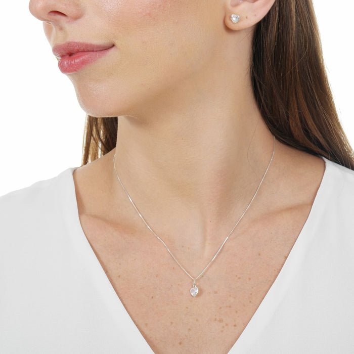 Conjunto De Corrente Brinco Pingente Ponto De Luz Coração Prata 925