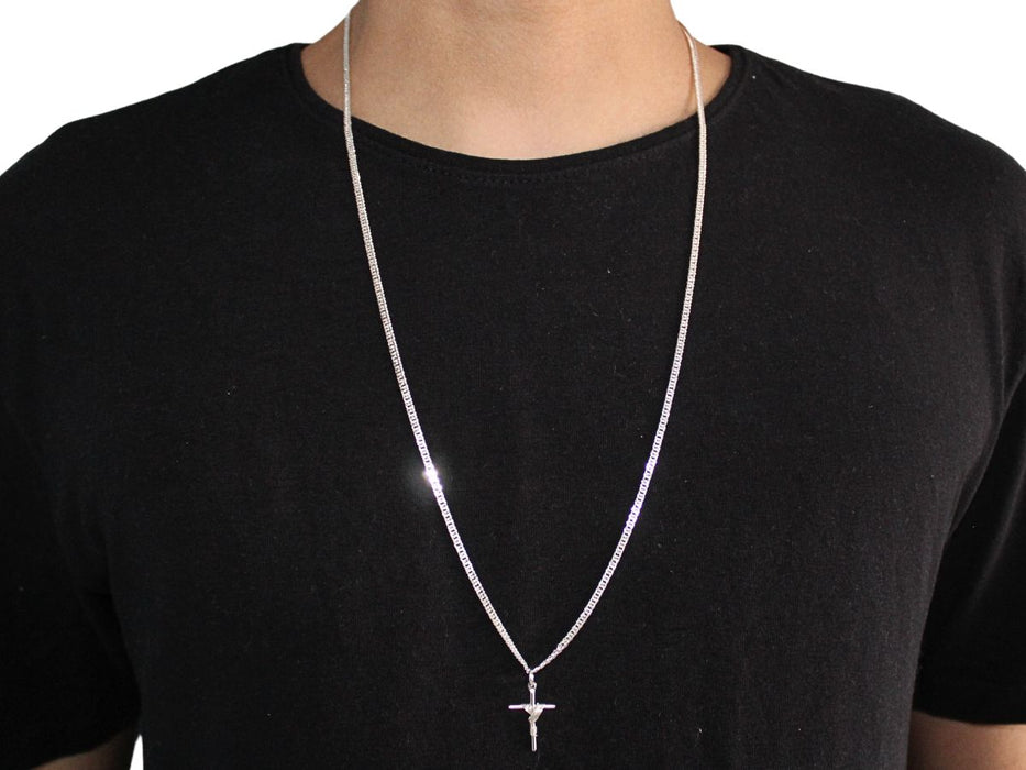 Corrente Grumet Dupla 70cm + Cruz 3cm Em Prata 925 Masculina