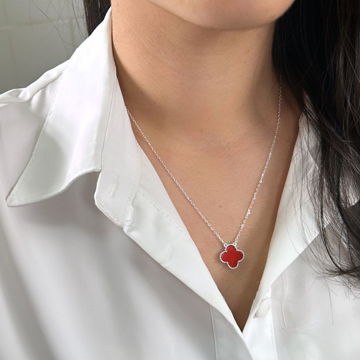 Colar Feminino Trevo Vermelho Prata 925