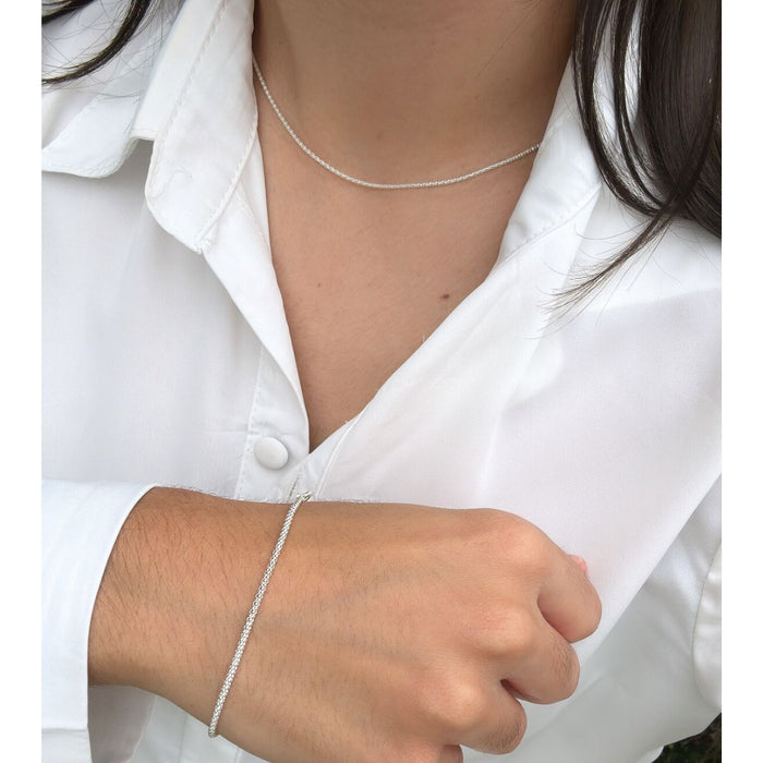 Conjunto Corrente Pipoca Feminina 45cm + Pulseira Pipoca 18cm Em Prata 925